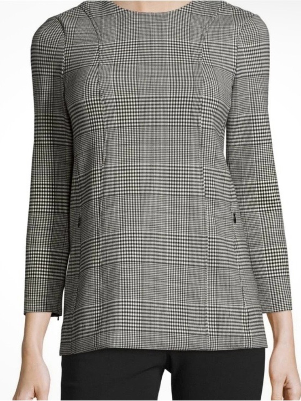 Theory Black and White Glen Plaid Dress Top